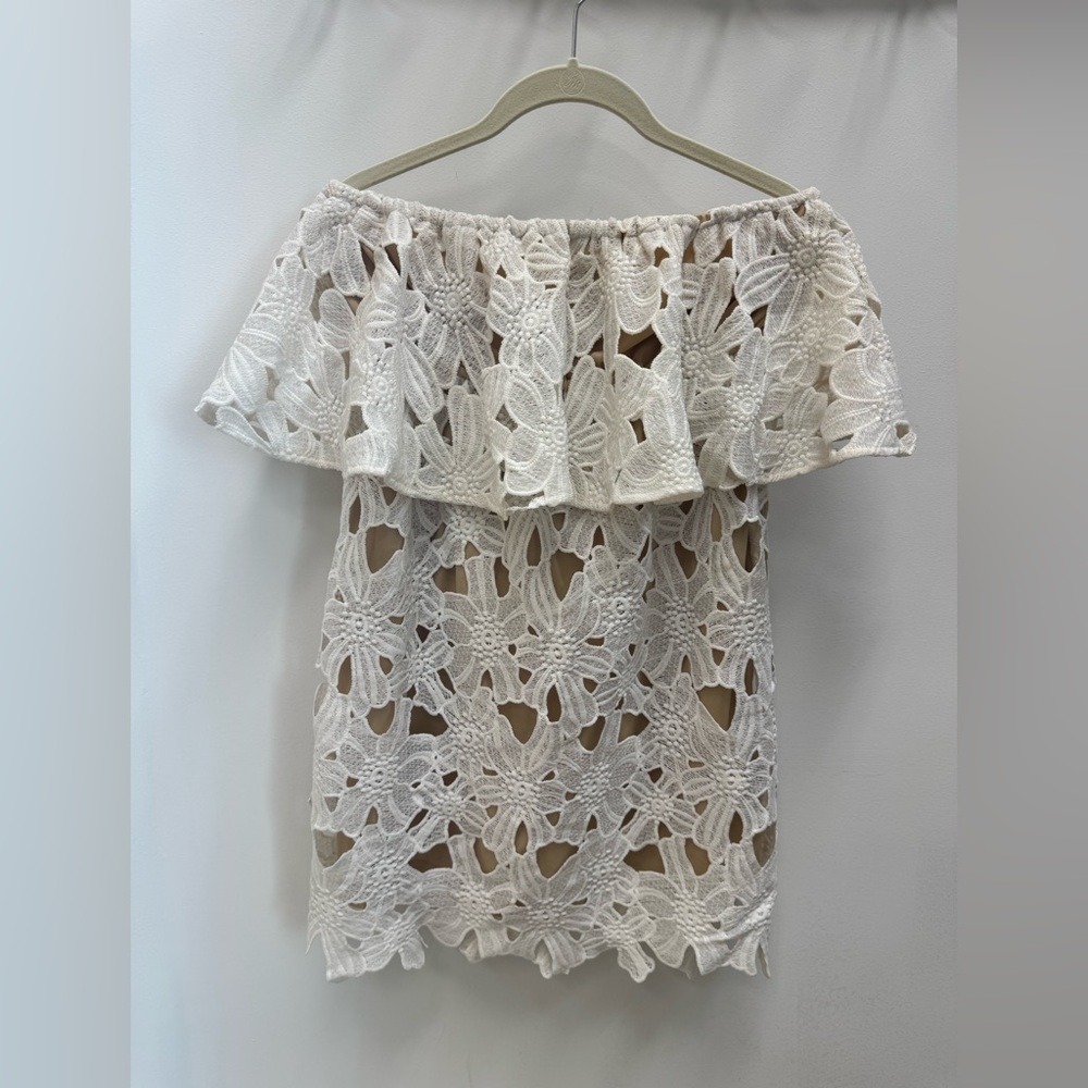 Judith March Cream Crochet Off-Shoulder Mini Dress